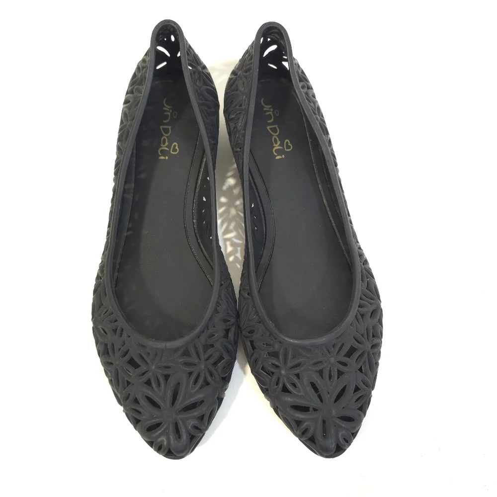 Black Floral Cutout Jelly Ballet Flats